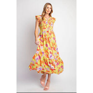 Women's Easel Yellow Orange Floral Maxi Dress L